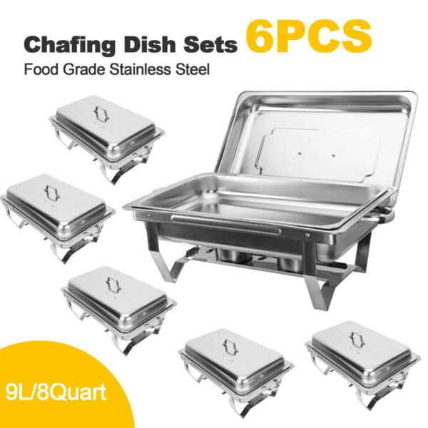 9L/8Q 6Pack Chafer Chafing Dish Sets Pans Stainless Steel Food Warmer Full Size