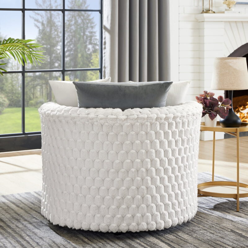 Roundhill Furniture Malna Plush 3D Upholstered Barrel Accent Chair with Wheels, Off-white - Image 4