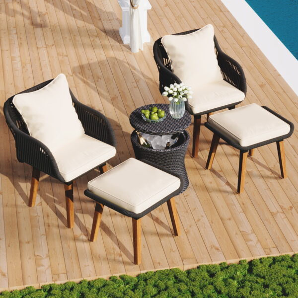 AENKYO 5-Piece Rope Patio Furniture Set with Wicker Pop-Up Cooler Table, Cushioned Chairs & Ottomans, Black