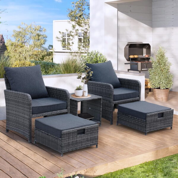 AENKYO Patio Furniture Set Rattan Patio Chair Set with Ottoman, Pillows Included, Perfect for Balcony, Small Space, Porch, 5 Pieces