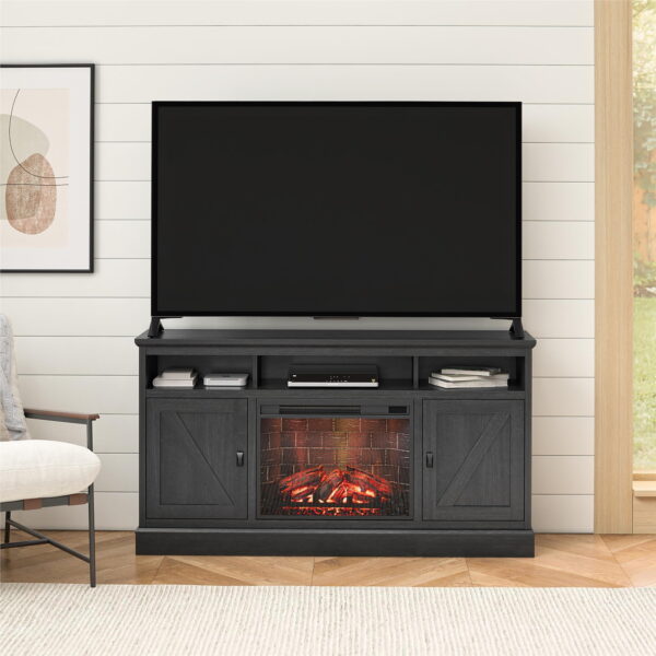 Ashton Lane Electric Fireplace TV Stand with Remote for TVs up to 65in, Black Oak