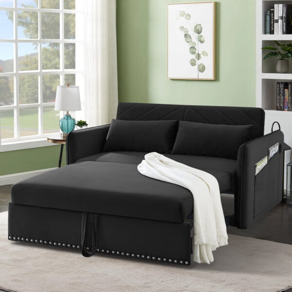 Aukfa 3 in 1 Convertible Sleeper Sofa Bed with 2 Pillows & USB Port, 55" Velvet Loveseat Sofa, Black