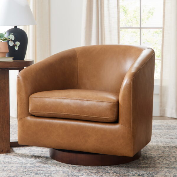 Better Homes & Gardens Bradford Wooden Base Swivel Accent Chair, Chestnut Faux Leather