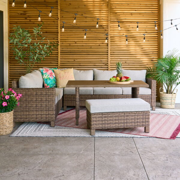 Better Homes & Gardens Brookbury 4 Piece Outdoor Wicker Patio Sectional Dining Set, Gray Cushions