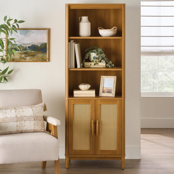 Better Homes & Gardens Springwood Bookcase with Doors, Light Honey Finish