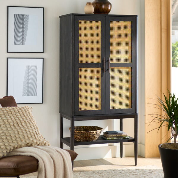 Better Homes & Gardens Springwood Caning Storage Accent Cabinet, Charcoal Finish