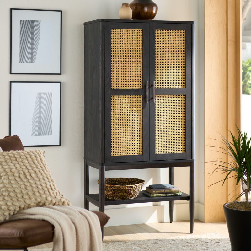 Better Homes & Gardens Springwood Caning Storage Accent Cabinet, Charcoal Finish