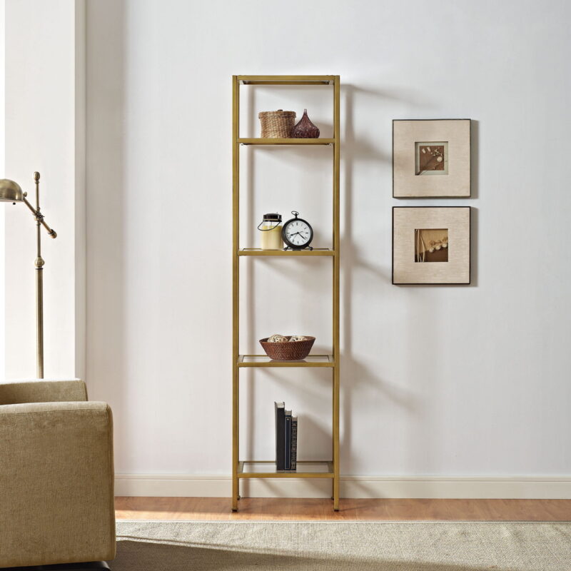 Crosley Furniture Aimee 4 Shelf Narrow Glass/Metal Etagere in Antique Gold