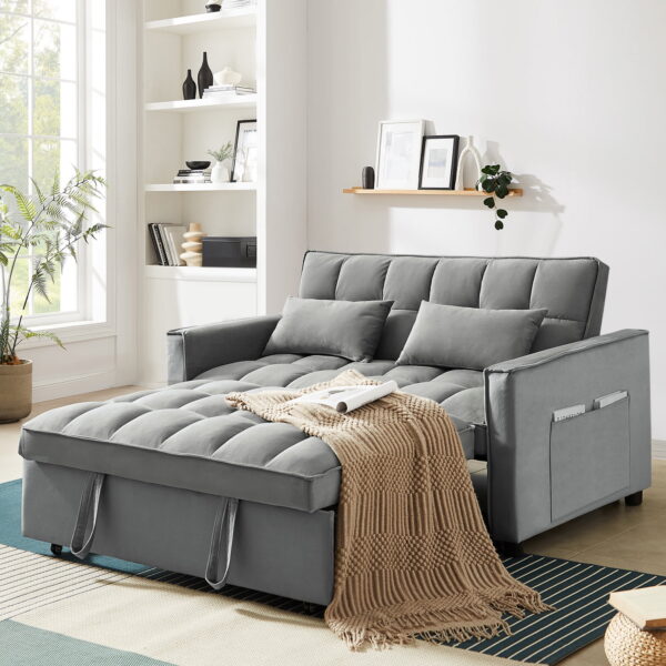Dinosisco 4-in-1 Convertible Futon Sofa Bed, Pull Out Couch Beds Loveseat Sleeper, Gray Velvet