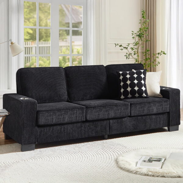 Dinosisco 83.9" Corduroy Sofa with Cup Holders, Modern 3-Seater Couch for Living Room, Black