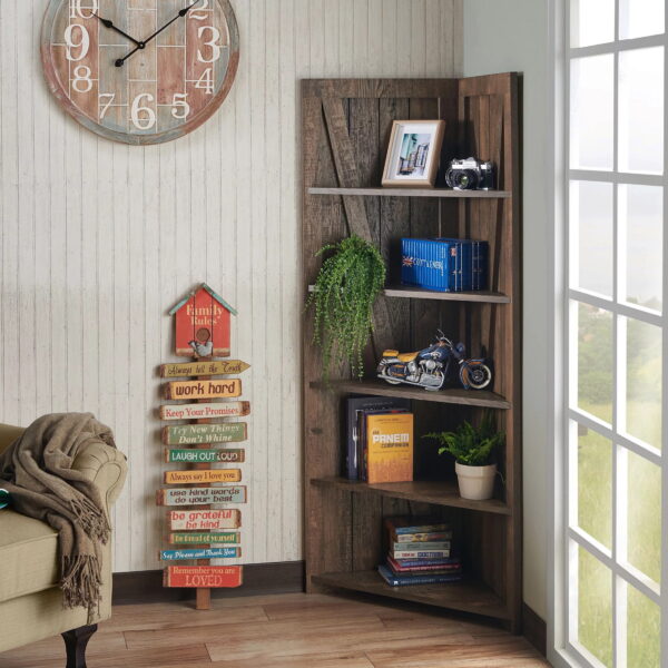 Furniture of America Helsa 5-Shelf Corner Bookcase, Oak