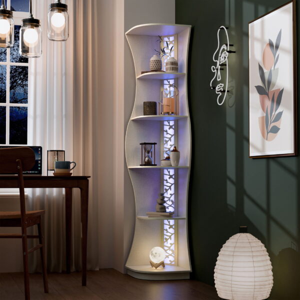 Furniture of America Wilton Adult Contemporary 5-Shelf Corner Bookcase with LED Light, Cream