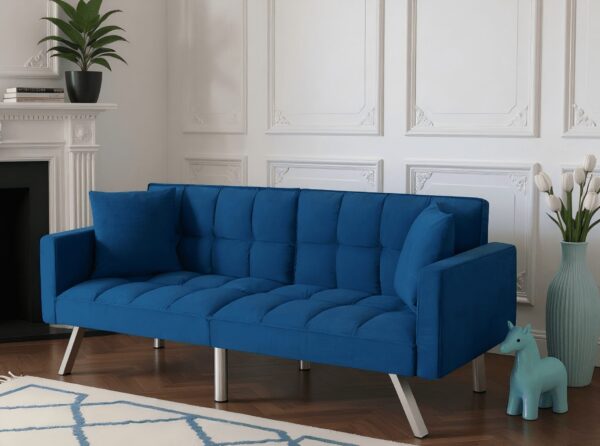 Gewnee 74"Velvet Upholstered Modern Convertible Futon, Adjustable Folding Sofa Bed, Guest Bed for Living Room, Bedroom, Apartment (Navy Blue)