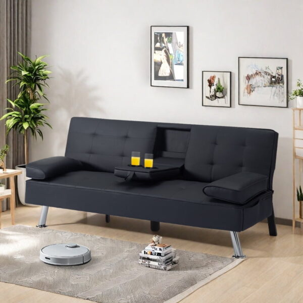 Gewnee Modern Futon Sleeper Sofa Bed Convertible Folding Recliner Couch Furniture with 2 Cup Holders for Livin g Room