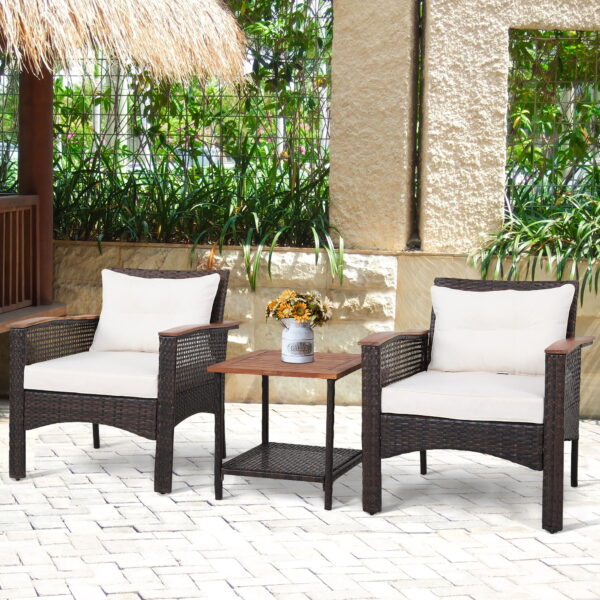 Gymax 3PCS Patio Rattan Furniture Set Outdoor PE Conversation Sofa Set w/ Wood Top Table