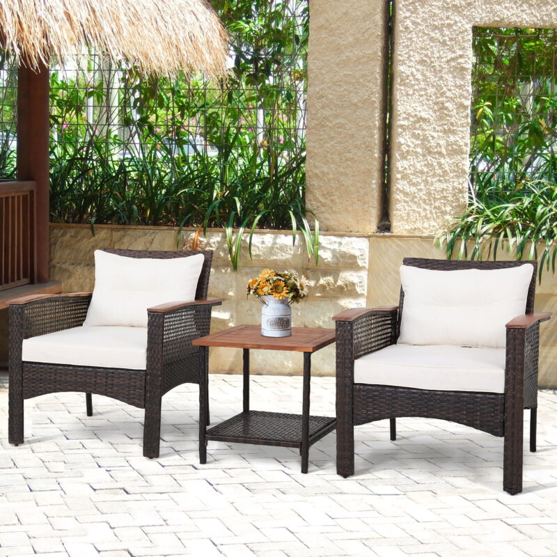Gymax 3PCS Patio Rattan Furniture Set Outdoor PE Conversation Sofa Set w/ Wood Top Table