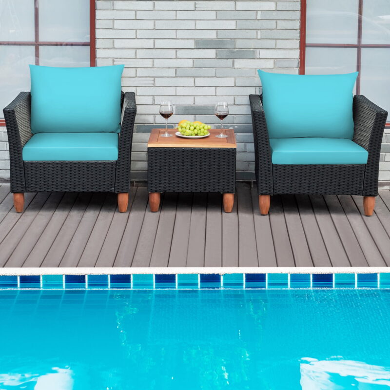 Gymax Fashion 3PCS Patio Rattan Conversation Furniture Set Yard Outdoor w/ Turquoise Cushions