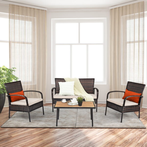 Gymax Fashion 4PCS Cushioned Rattan Patio Conversation Set Outdoor Furniture Set