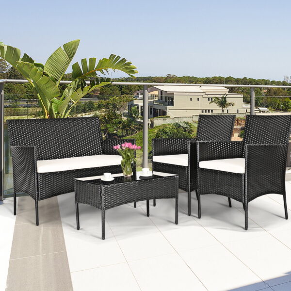 Gymax Fashion 4PCS Outdoor Furniture Set Patio Rattan Conversation Set w/ Beige Cushion