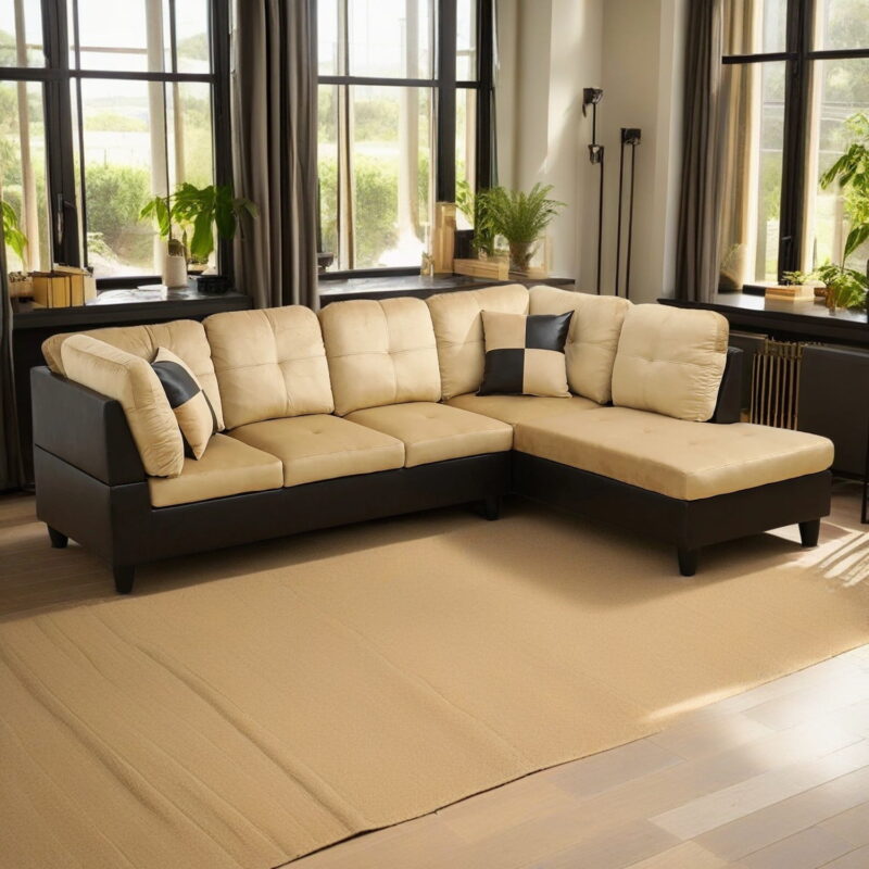 Hommoo 4 Seats Lint and PVC Sectional Sofa Couch Set, Modern L Shaped Sectional Couch, Living Room Furniture Set, Beige and Brown