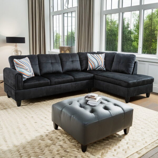 Hommoo L Shaped Couch Set Sectional Sofa Set, Flannel Living Room Furniture Sets, 4-Seat Couches and Sofa Set for Home, Apartment, Dorm, Black(No Ottoman)