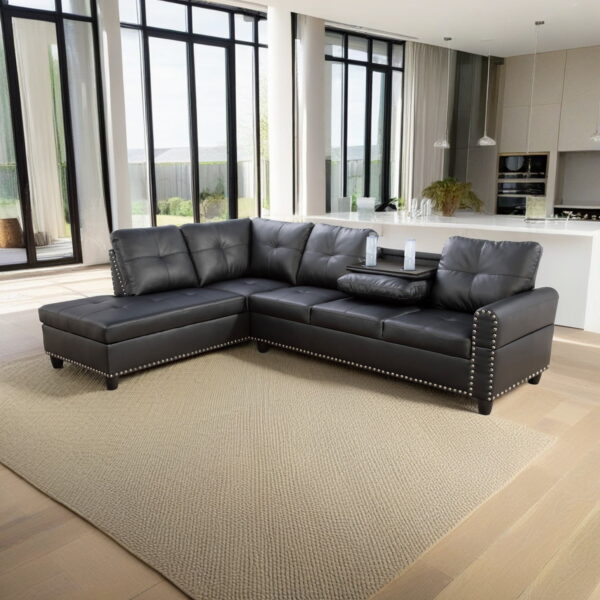Hommoo Sofa Set, Faux Leather 2-Piece Sofa Living Room Sofa Set,L-Shaped Living Room Sofas,Black