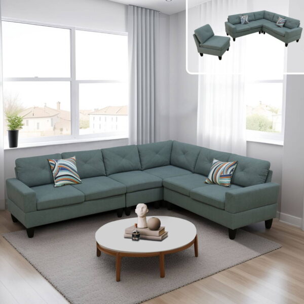 L Shaped Sofa Couch U Shaped Sectional Corner Sofa 6-Seater Furniture Modular Couches for Living room, Dendrobium Green