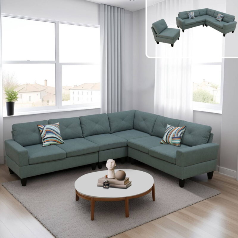 L Shaped Sofa Couch U Shaped Sectional Corner Sofa 6-Seater Furniture Modular Couches for Living room, Dendrobium Green
