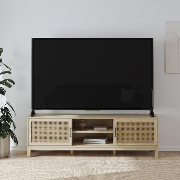 Mainstays Cane TV Stand for TVs up to 85", Spring Pine
