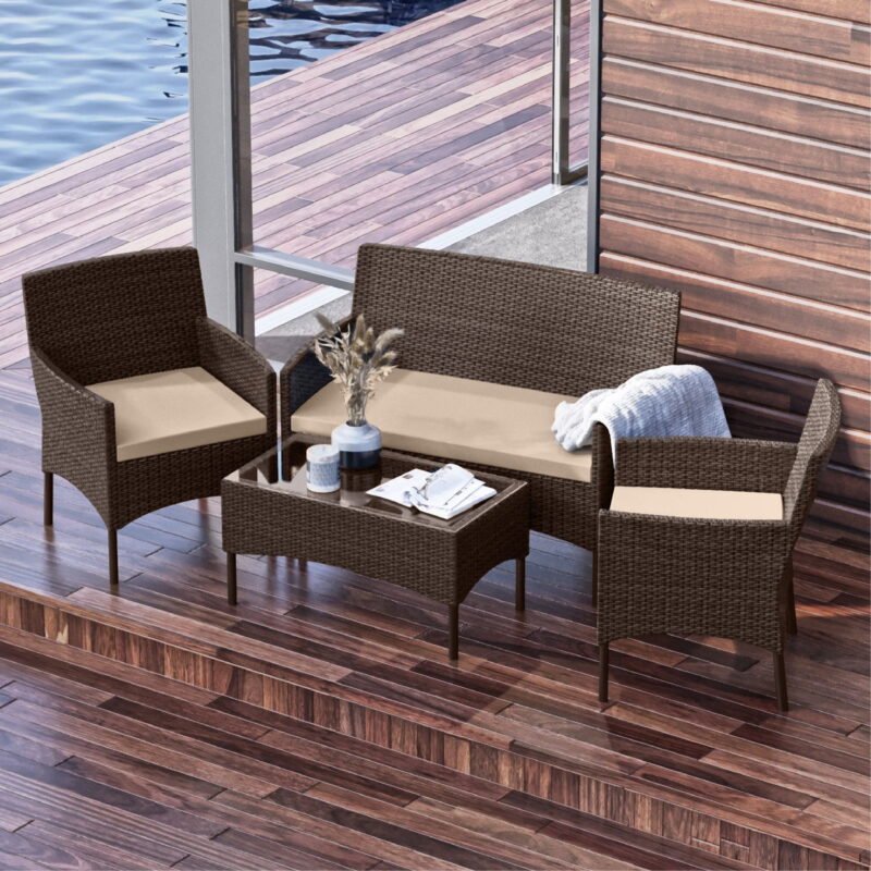 Nestl 4-Piece Outdoor Patio Furniture Set, Wicker Patio Conversation Set, Brown/Beige