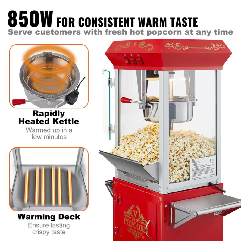 BENTISM Popcorn Popper Machine With Cart 8 Ounce Vintage Style Popcorn Maker with Cart 850W 48 Cups, Red - Image 4