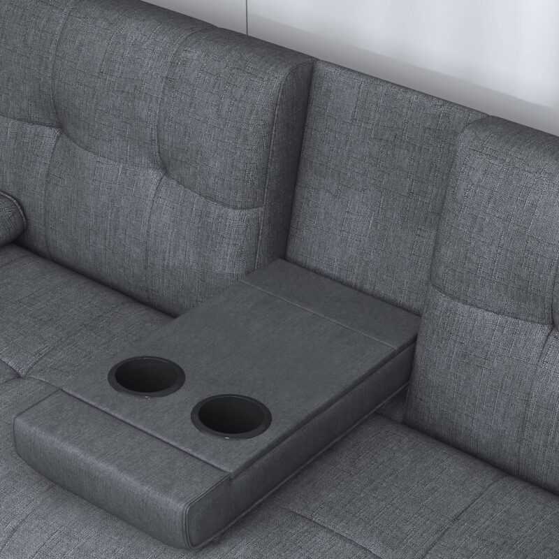 Folding Sofa Bed with Cup Holder Convertible Futon Couches Adjustable Backrest Modern Linen Furniture Upholstery for Living Room - Image 4