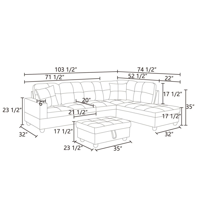Hommoo Flannel Sectional Sofa, 4 Seat Living Room Furniture Sets, Modern L-Shaped Couches and Sofas Set for Home, Black(No Ottomans) - Image 3