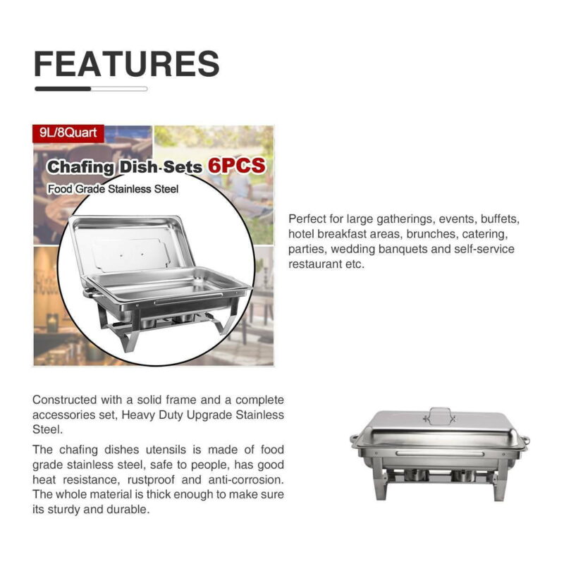 9L/8Q 6Pack Chafer Chafing Dish Sets Pans Stainless Steel Food Warmer Full Size - Image 7