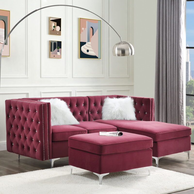 Acme Furniture Contemporary Velvet Nailhead Trim L Shaped Sectional Sofa Set Burgundy - Image 6