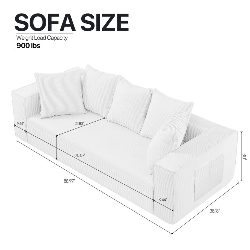 FocalSweet 89" Living Room Sleep Sofa, Deep Seat Corduroy Couch with Side Pocket,No Assembly Required, 3 Seater, Orange - Image 4
