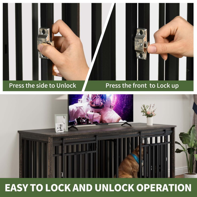 Uforic 71-Inch Farmhouse TV Stand for TVs up to 65",Heavy Duty Dog Crate Furniture with 4 Dog Bowl - Black - Image 2