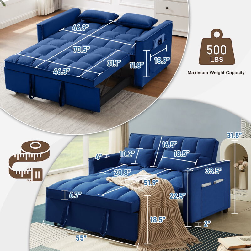 Momspeace Loveseat Convertible Sleeper Sofa Bed, Blue - Image 4