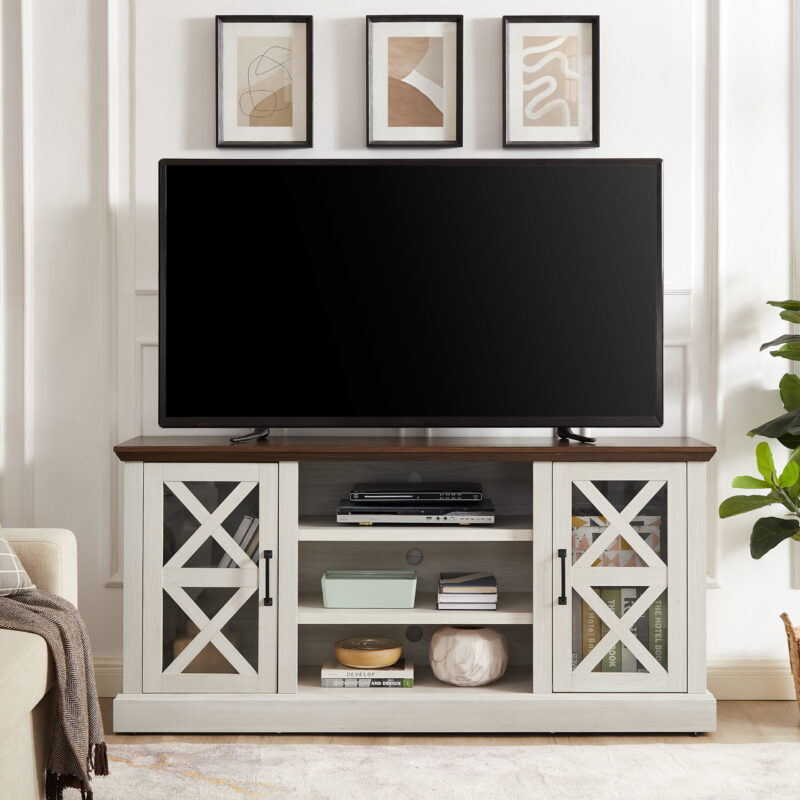 Mainstays Farmhouse TV Stand for TVs up to 70", off-White/Walnut - Image 2