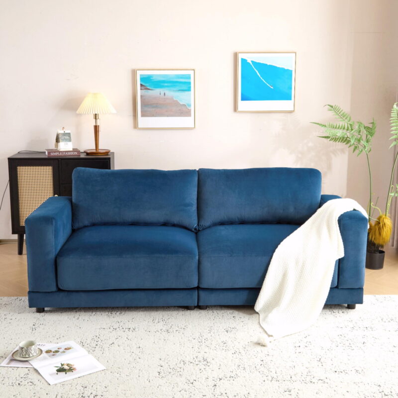 Modern Sofa Couches for Living Room,Mid-Century Upholstered Sofa Furniture with Sturdy Wooden Legs for Living Room,Bedroom,Blue - Image 2