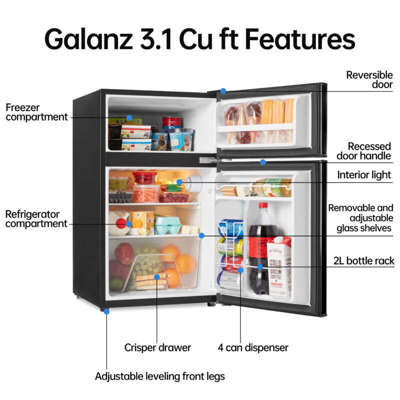 Galanz 3.1 Cu ft Two Door Mini Fridge, Black, New - Image 3