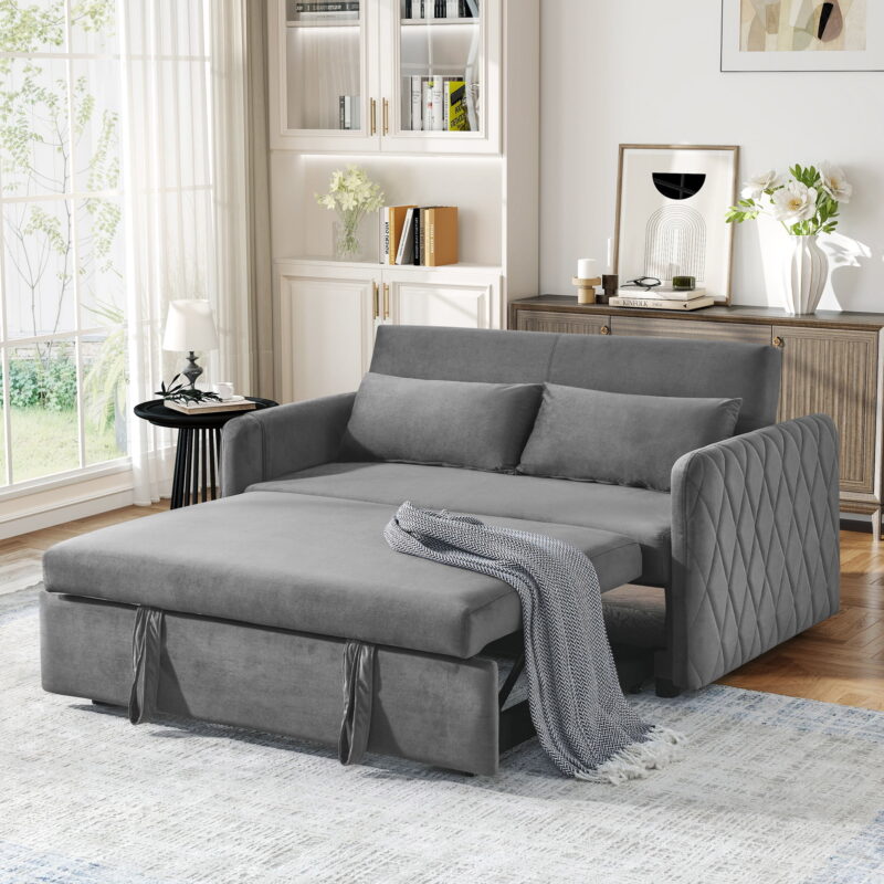 Lunale Convertible Futon Sofa Bed for Living Room, Modern Upholstered Loveseat Sleeper in Gray - Image 2