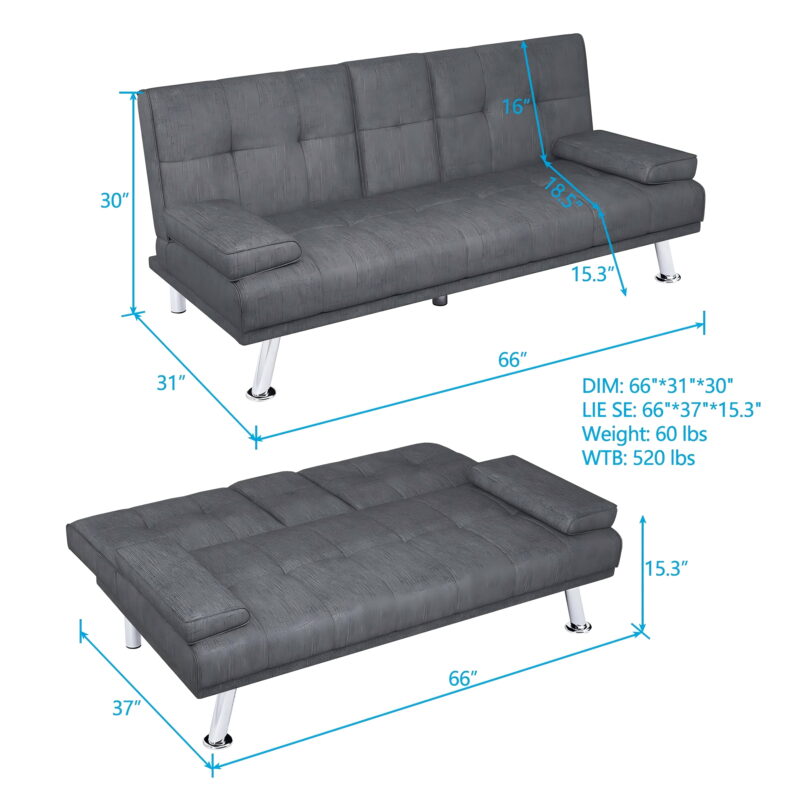 Folding Sofa Bed with Cup Holder Convertible Futon Couches Adjustable Backrest Modern Linen Furniture Upholstery for Living Room - Image 5