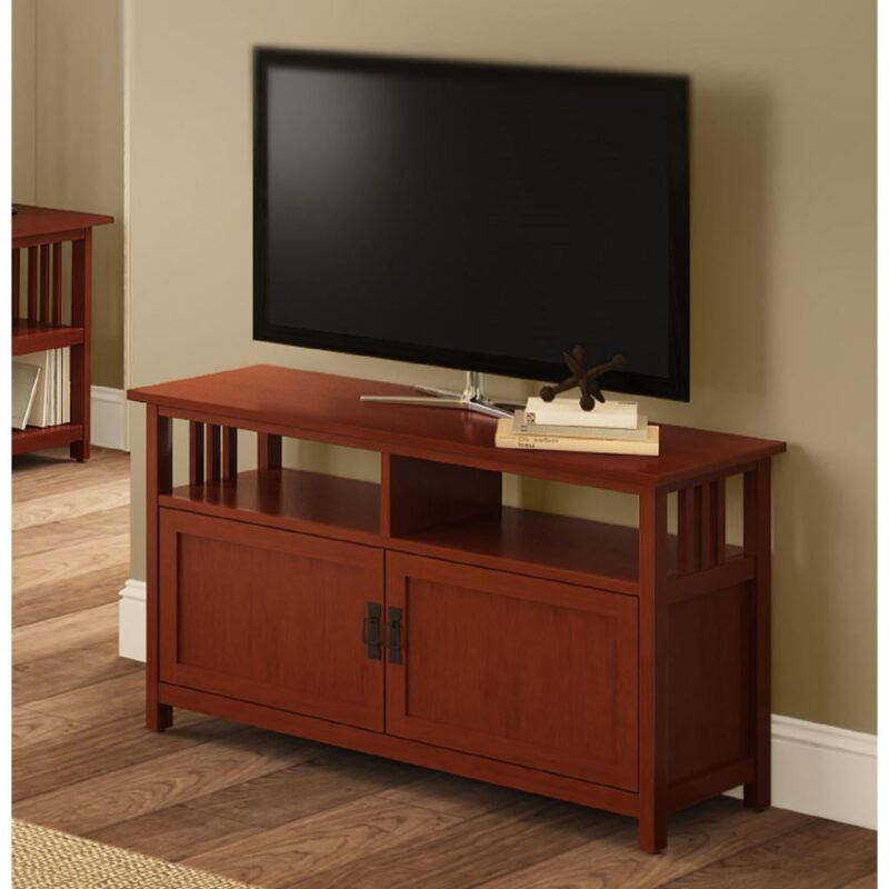 Alaterre Furniture Mission TV Stand w/Open Shelf & 2 Glass Doors, Cherry - Image 5