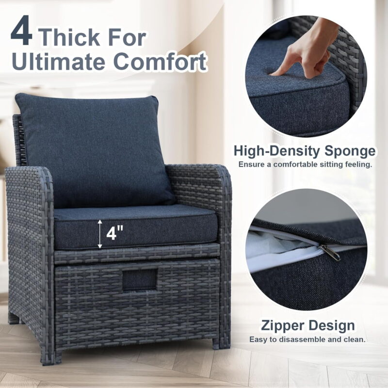 AENKYO Patio Furniture Set Rattan Patio Chair Set with Ottoman, Pillows Included, Perfect for Balcony, Small Space, Porch, 5 Pieces - Image 4