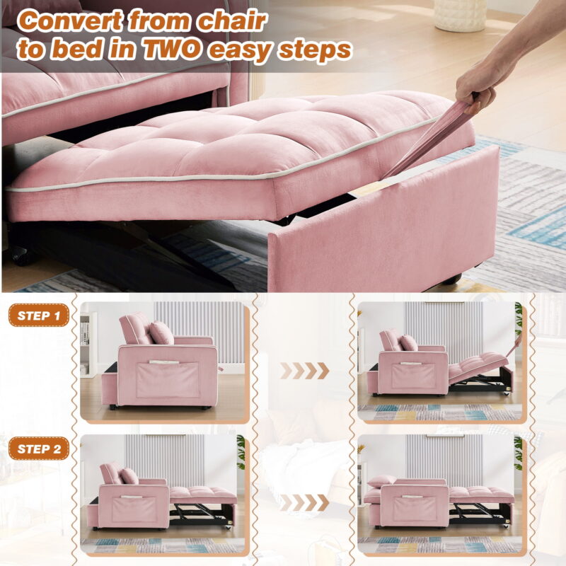 Dinosisco 3-in-1 Convertible Chair Bed, Sleeper Chair Lounge Chair Indoor, Modern Single Pull Out Couch for Living Room, Pink Velvet - Image 6