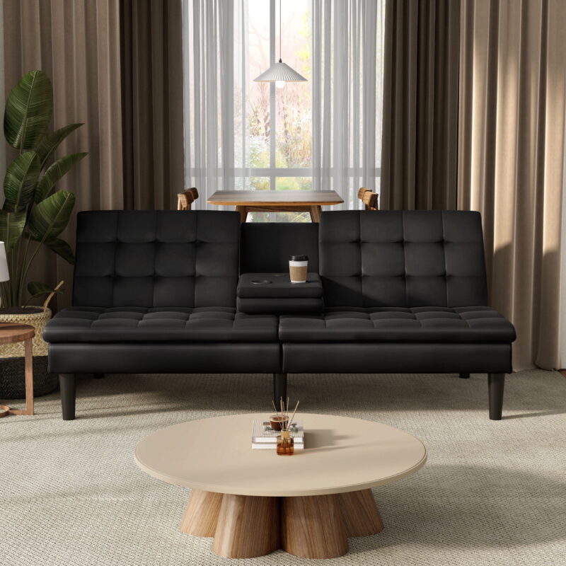 Furniture of America Canu Wood and Faux Leather Convertible Futon Daybeds with USB Port up to 500 lbs, Black - Image 6