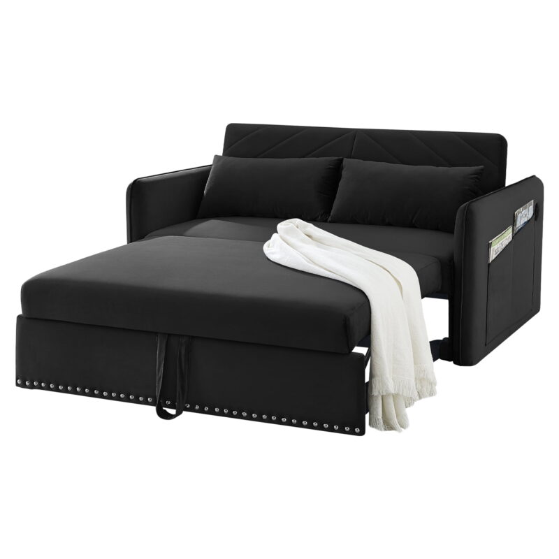 Aukfa 3 in 1 Convertible Sleeper Sofa Bed with 2 Pillows & USB Port, 55" Velvet Loveseat Sofa, Black - Image 7