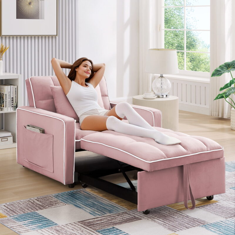 Dinosisco 3-in-1 Convertible Chair Bed, Sleeper Chair Lounge Chair Indoor, Modern Single Pull Out Couch for Living Room, Pink Velvet - Image 3