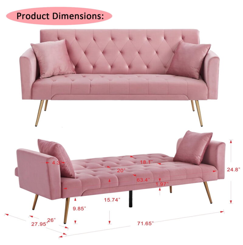 71 Inches Velvet Futon Sofa Bed with 2 Pillows,Modern Convertible Futon Couch with Adjustable Backrest,Pink - Image 4